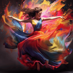 A woman in a colorful dress is dancing with fire.