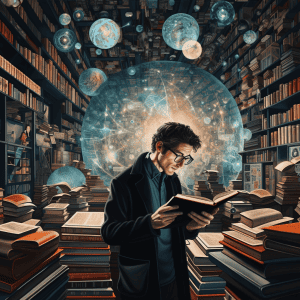 A man reading a book in a library full of books.