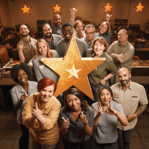 A group of people posing in front of a star.