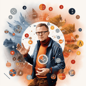 An illustration of a man standing in front of a circle of icons.