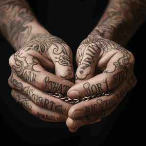 A man's hands with tattoos on them holding a chain.