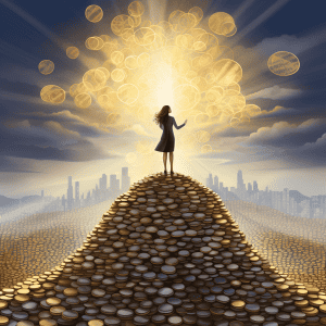 A woman standing on top of a pile of coins.