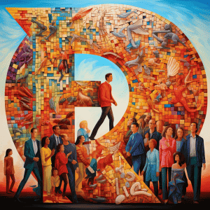 A painting of a large group of people standing in front of the letter r.
