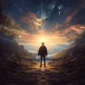 An image of a man standing on a path with the sun setting behind him.
