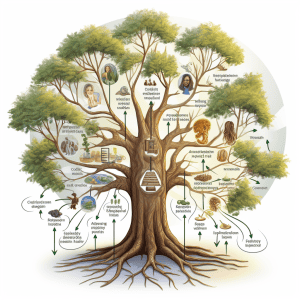 An illustration of a tree with many different things on it.