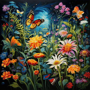 A painting of butterflies and flowers in the night.