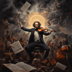 A painting of a man playing a violin in the middle of a crowd.