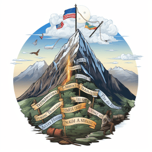 An illustration of a mountain with flags and flags on it.
