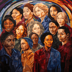 A painting of a group of women in front of a rainbow.