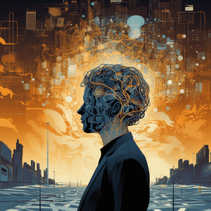 An illustration of a man's head with a city in the background.