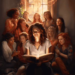 A group of women reading a book in front of a window.