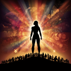 A silhouette of a woman standing in front of a crowd of people.