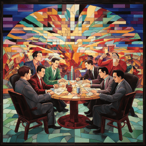 A painting of men sitting around a table.