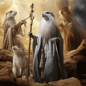 A group of rodents with a scepter in the desert.