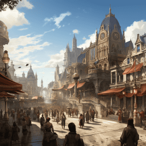 An image of a city with people walking around.
