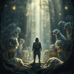 A person standing in a forest with tigers surrounding him.
