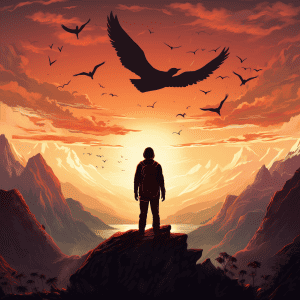A man standing on top of a mountain with birds flying around him.