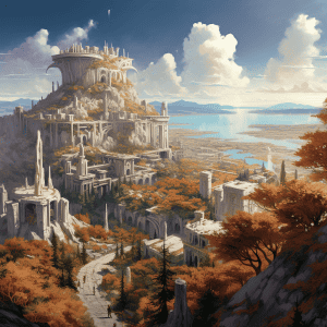 An illustration of a fantasy castle on a hill.