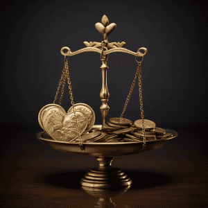 A gold scale with coins and a heart on it.