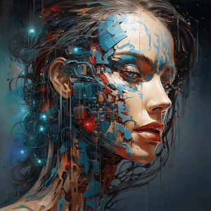 An image of a woman with a robot face on her face.