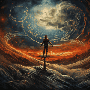 A person standing on top of a rock in the middle of the ocean.