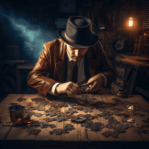 A man in a hat is working on a puzzle.