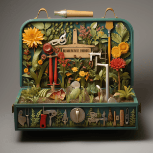 A suitcase filled with gardening tools and flowers.