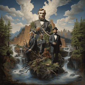 A painting of abraham lincoln and his family in front of a waterfall.