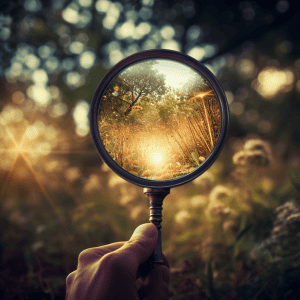 A hand holding a magnifying glass in a field.