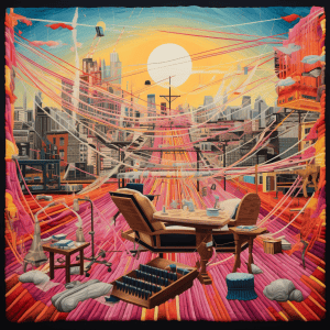 A painting of a city with a desk and chairs.