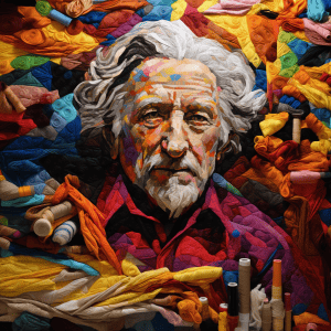 A painting of an old man surrounded by colorful fabric.