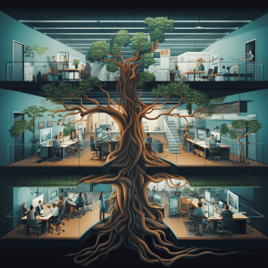 An illustration of an office with a tree growing out of it.