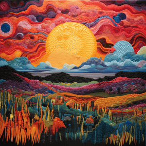 A colorful piece of art with a sun in the sky.