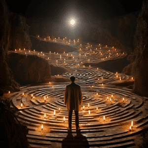 A man standing in the middle of a labyrinth with candles.