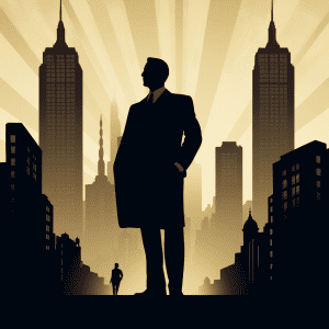A silhouette of a man in a suit walking down a city street.