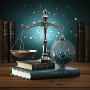 The scales of justice on a book with a glass ball on top.