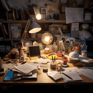 A desk with a lot of papers on it.