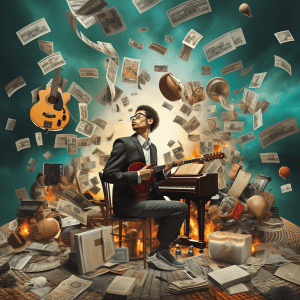A man playing a guitar with money flying around him.