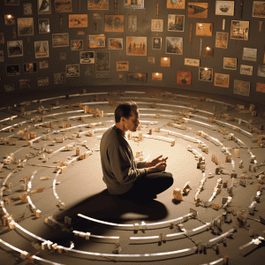 A man sitting on the floor in front of a maze of pictures.