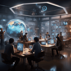 A group of people working on computers in an office.