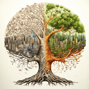 A tree with a city in the middle of it.