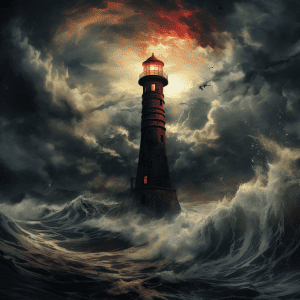 A lighthouse in the middle of a stormy ocean.