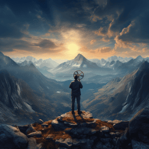 A man standing on top of a mountain looking at the sunset.