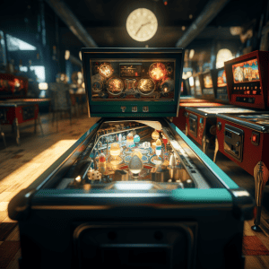 A pinball machine in a room.