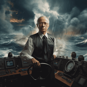 An old man standing at the steering wheel of a ship.