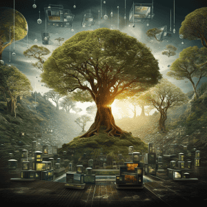 An image of a tree in the middle of a city.