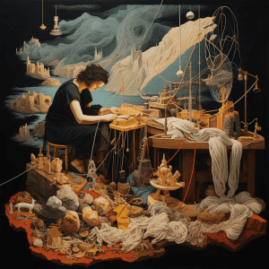 A painting of a woman working at a table.