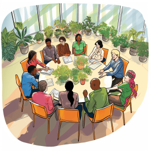A group of people sitting around a table.