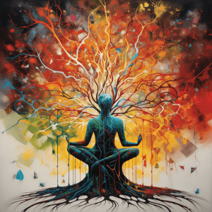A colorful painting of a tree with a person in it.