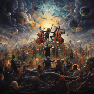A painting of a group of musicians in front of a large group of people.